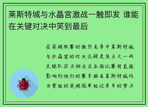莱斯特城与水晶宫激战一触即发 谁能在关键对决中笑到最后 莱斯特城与水晶宫激战一触即发 谁能在关键对决中笑到最后